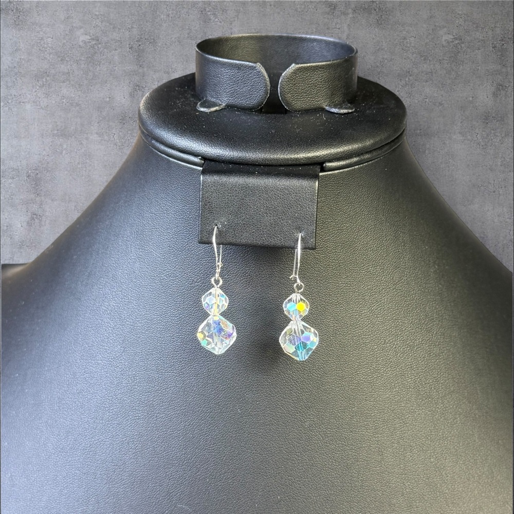 197. Vintage AB Glass Dangle Earrings Multicolor Iridescent Hooks